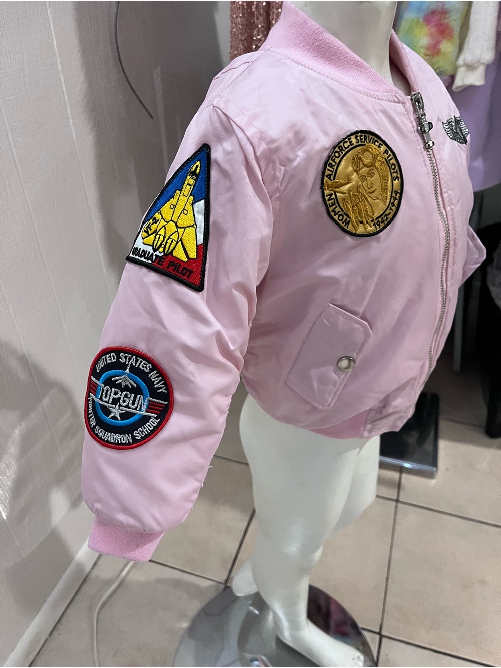 Kids Pink Bomber Jacket with Patch Details